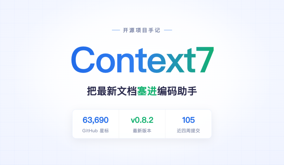 Context7 封面图，标注 63,690 星标、v0.8.2 版本、近四周 105 次提交