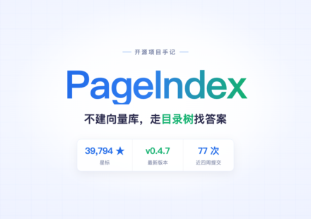首图：PageIndex 项目名，标语「不建向量库，走目录树找答案」，下方三格数据为 39,794 星标、v0.4.7、近四周 77 次提交